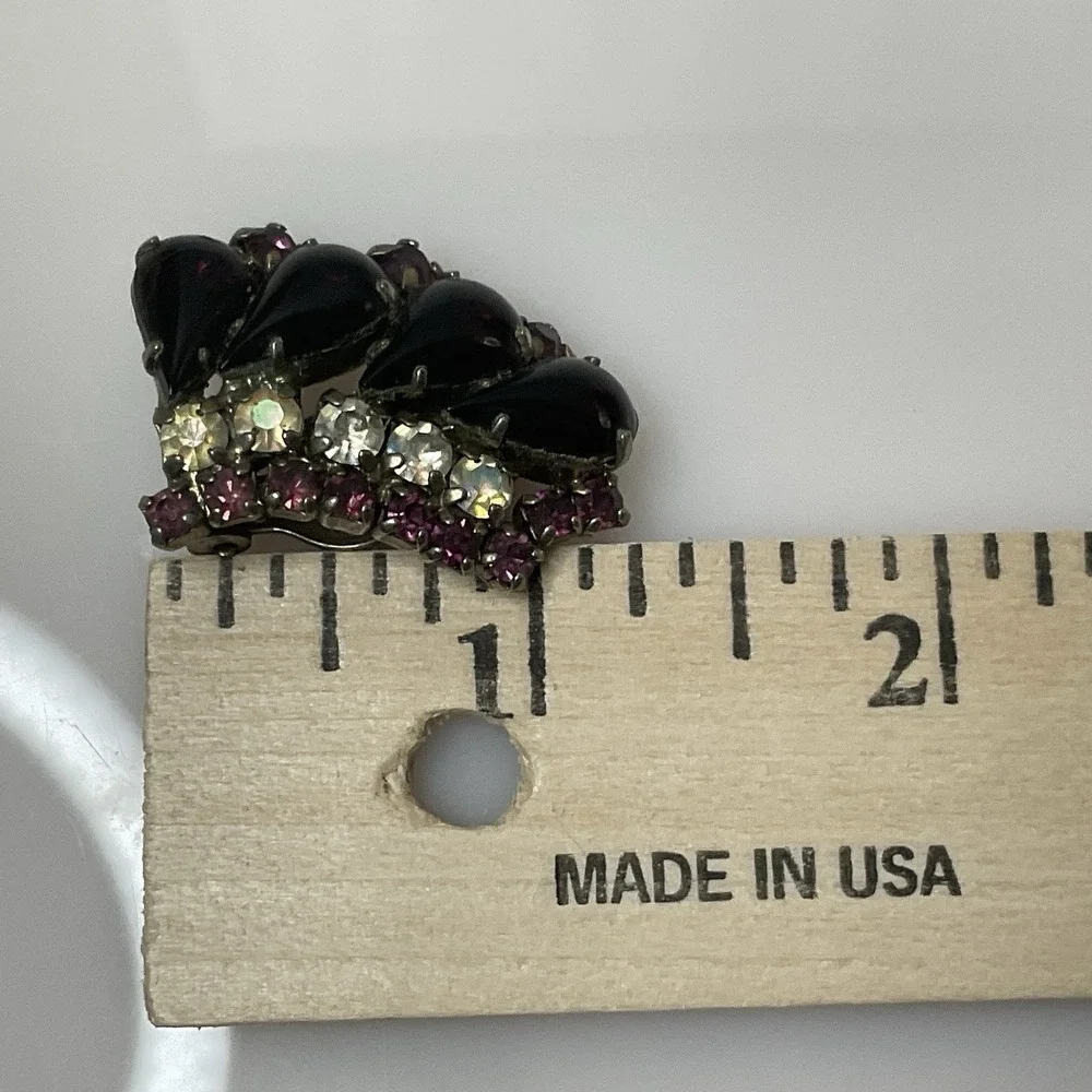 Vintage Purple & Clear Rhinestone Earrings Climber Clip On Silver Tone Statement